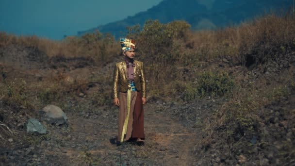 Costume Tradizionale Della Regalità Asiatica Con Una Persona Piedi Paesaggio — Video Stock