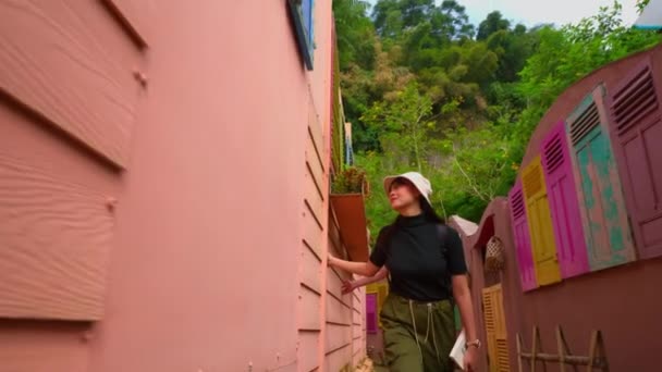 日中の背景に緑豊かなカラフルな木製のキャビンで立っている旅行者 — ストック動画