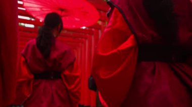 Kırmızı geleneksel elbiseli (kimono / yukata) bir grup kadının ardından siyah kemerli, kağıt şemsiyeli fotoğraf çekilmiştir. Kameradan uzaklaşıp kırmızı Japon Torii Kapısı 'na doğru yürüyorlar..