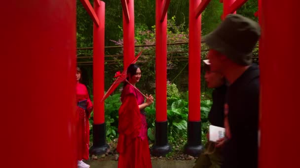 Turistlerin Sabahları Kırmızı Torii Kapılarından Geçtiği Geleneksel Japon Kıyafetleri — Stok video