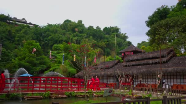 传统的亚洲村庄 白天有红桥和茂密的绿叶 — 图库视频影像