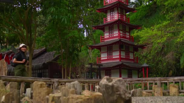 Tourists Exploring Traditional Japanese Garden Red Pagoda Surrounded Lush Greenery — Stock Video