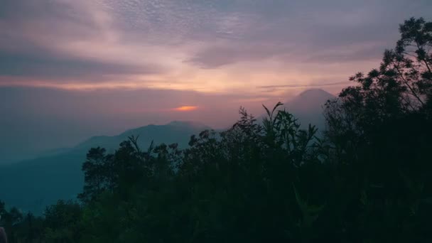 Scenic Sunset View Mountains Silhouette Trees Gradient Sky Morning — Stock Video