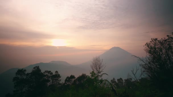 Misty Sunrise Mountainous Landscape Silhouette Peaks Soft Pastel Sky Morning — Stock Video