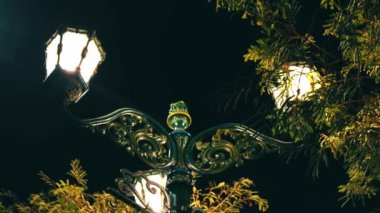 Gece boyunca yemyeşil bir ortamda parıldayan klasik sokak lambaları.