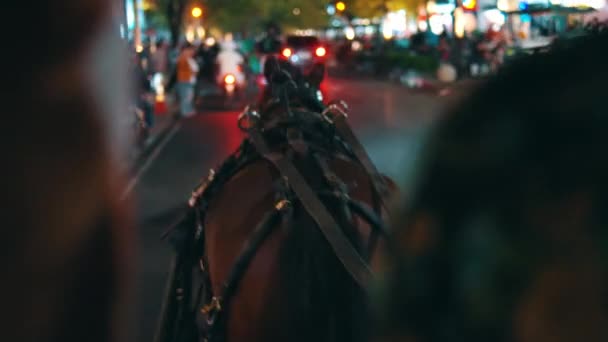 Horse Drawn Carriage Bustling City Street Night Blurred Lights Pedestrians — Stock Video