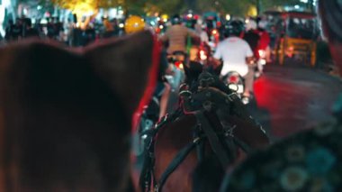 Geceleri işlek bir şehir sokağının omzunun üstünden görünen bulanık ışıklar ve gece boyunca bir bisikletçinin perspektifinden gelen trafik.