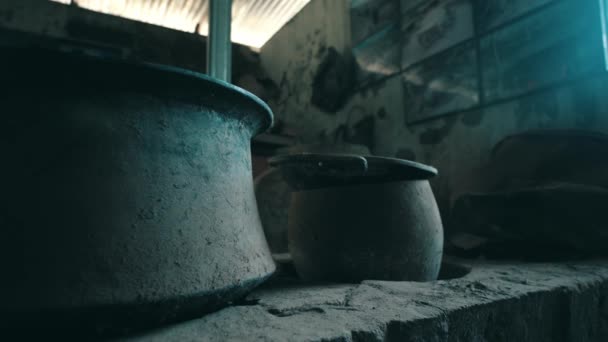 Old Pots Rustic Stove Dimly Lit Traditional Kitchen Conveying Vintage — Stock Video