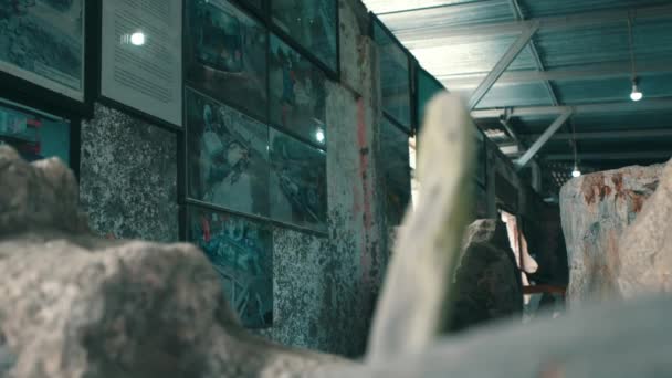 光天化日下画廊内木制基座上有大石头的现代艺术装置的抽象视图 — 图库视频影像