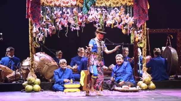 夜のステージでの文化服装や楽器のパフォーマーとの伝統的なアジアの傀儡ショー — ストック動画