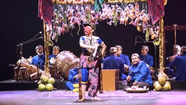 Geleneksel Performans Sahnede Bir Dansçı Mavi Elbiseli Müzisyenler Canlı Dekorasyonlar — Stok video
