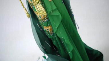 Geleneksel yeşil sarili zarif bir kadın. Altın mücevherler, kısmi görüş, stüdyo içinde kültürel moda konsepti.