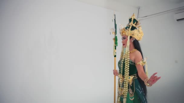 Seseorang Dalam Kostum Tradisional Dengan Hiasan Kepala Terhadap Latar Belakang — Stok Video