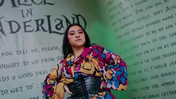 Mulher Elegante Posando Frente Uma Parede Grafite Com Tema País — Vídeo de Stock