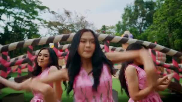 Три Женщины Розовых Платьях Танцуют Открытом Воздухе Причудливым Огромным Плетеным — стоковое видео