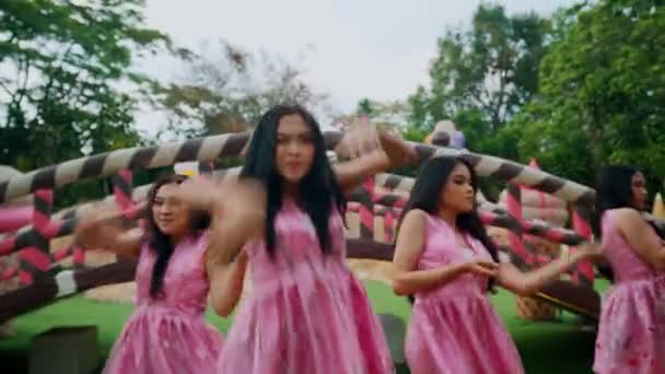 ピンクのドレスの3人の女性は 昼間のバックグラウンドで気まぐれな オーバーサイズの編み毛プロップで屋外で踊ります — ストック動画