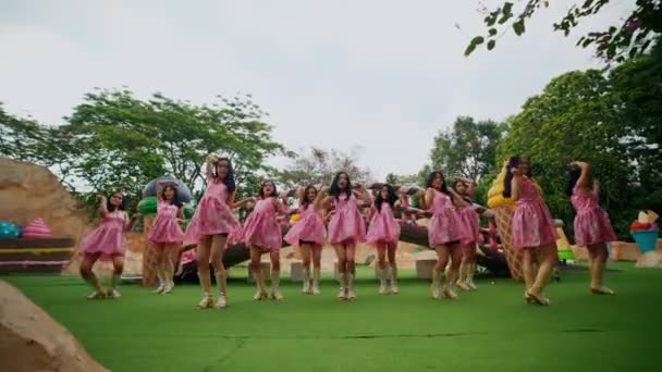 Grupo Dançarinos Alegres Vestidos Cor Rosa Que Apresentam Livre Com — Vídeo de Stock