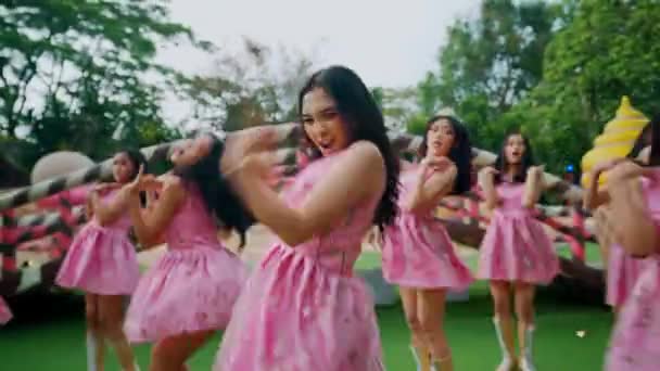 Group Joyful Women Dancing Pink Dresses Outdoor Party Daylight — Stock Video