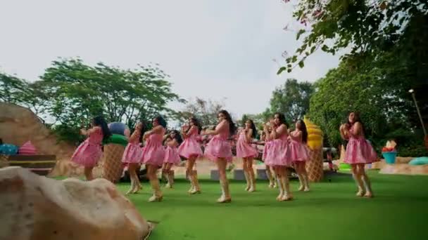 ピンクのドレスでアウトドアを踊る楽しい子供たちのグループ 昼間の公園の設定で幸せとお祝いを表現する — ストック動画