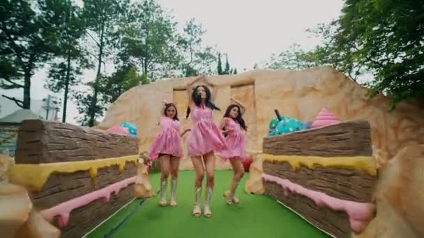 Duas Mulheres Vestidos Rosa Dançando Campo Mini Golfe Com Decoração — Vídeo de Stock
