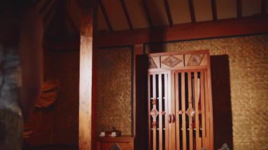 Parlak elbiseli şık bir kadın, ahşap bir gardırobun önünde duruyor. Lüks bir odada, sıcak ortam aydınlatmalı..