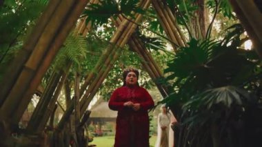 Geleneksel Endonezya kostümlü bir gelinin, tropikal yeşillik ve yumuşak ışıkla çevrili, sanatsal bir bambu tünel yapısında yavaşça yürüdüğü sakin bir görüntü..
