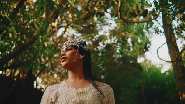 Elegant Woman Sparkling Dress Tiara Posing Tree Canopy Serene Expression — Stock Video