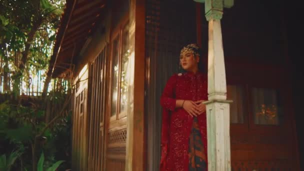 朝の緑の素朴な家の前に立っている伝統的な赤いドレスの女性 — ストック動画