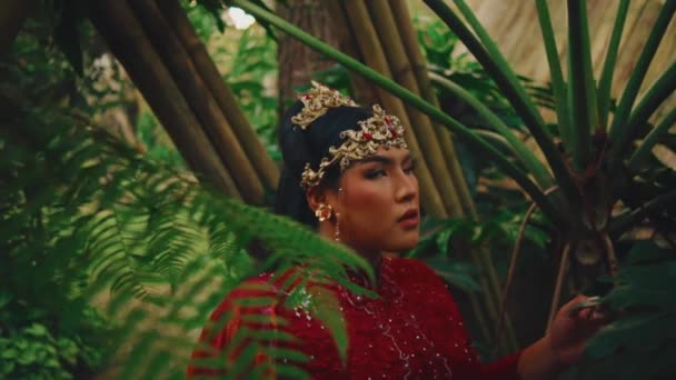 Elegant Woman Traditional Attire Headpiece Lush Greenery Morning — Stockvideo