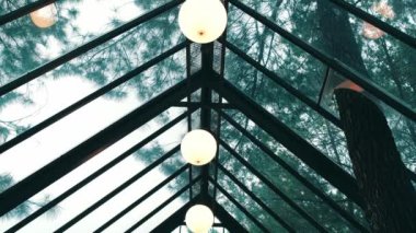 Küresel bir metal yapıdan sarkan küresel ışıklarla modern açık hava verandası, yumuşak odaklı çam ağaçlarının bir zeminine kurulmuş, sakin ve şık bir ortam yaratıyor..