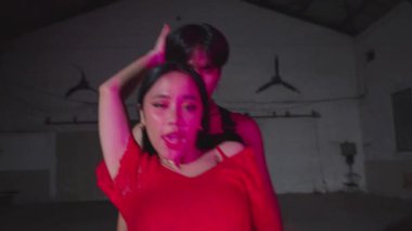 Pembe ışıklı loş bir odada poz veren iki kişi. Öndeki kişi kırmızı bir elbise giyer, arkadaki kişi ise koyu renk giyinir. Arka planda hayranları olan endüstriyel bir ortam var..