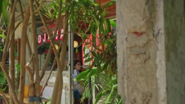 Ön planda beton sütun ve bitkilerle dolu kırsal bir açık kafe. Kafe işareti arka planda kısmen görülebilir.