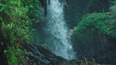 Bereketli yeşil yapraklarla çevrili kayalık arazide çağlayan sakin bir şelale. Su aşağıdaki kayalara sıçrıyor ve doğal ortamda sakin bir atmosfer yaratıyor..