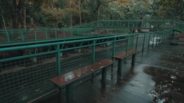 Etrafı yemyeşil ağaçlarla çevrili bir kanalın üzerindeki yeşil yaya köprüsü. Sahne sakin, ön planda ahşap bir bank ve köprüde yürüyen birkaç kişi var. Atmosfer sakin ve sakin, sakin bir yürüyüş için mükemmel..