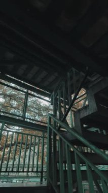 Ağaçlarla çevrili ahşap parmaklıklı bir merdiven manzarası. Görüntü, merdivenlerin karmaşık dizaynını ve yaprakların arasından süzülen doğal ışığı yakalıyor..