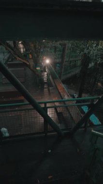 Tahta kaldırımları ve yeşil korkulukları olan sakin bir orman manzarası. Yumuşak ışık yolu aydınlatır, sakin bir atmosfer yaratır. Sahne, doğal güzelliği artıran yemyeşil ağaçlarla çevrili..