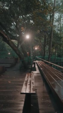 Yeşillik ve ağaçlarla çevrili sakin, ahşap bir patika. Yol sokak lambalarıyla aydınlatılıyor, barışçıl bir atmosfer yaratıyor. Islak ahşap banklar yumuşak ışığı yansıtıyor..