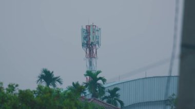 Palmiye ağaçlarıyla çevrili bir binanın üzerinde bir telekomünikasyon kulesi yükseliyor. Gökyüzü bulutlu, karamsar bir atmosfer yaratıyor. Kule antenlere sahiptir ve kırmızı ve beyaza boyanmıştır..