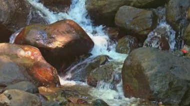 Pürüzsüz taşların üzerinden akan suyun aktığı kayalık bir derenin yakın görüntüsü. Güneş ışığı nemli yüzeylerden yansıyarak dingin ve sakin bir atmosfer yaratır..