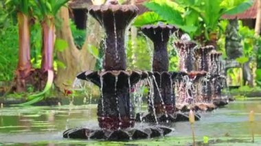 Birden fazla katmanlı fıskiyenin yer aldığı sakin bir bahçe sahnesi. Çeşmelerin çevresi yemyeşil, sakin bir atmosfer yaratıyor. Su, güneşin ışığını yansıtır. Bataklığın güzelliğini arttırır..
