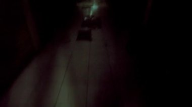 Yeşil ve mavi ışıklı bulanık bir koridor soyut ve gizemli bir atmosfer yaratıyor. Görüntü, belirsiz şekiller ve gölgelerle derinlik ve hareket hissi veriyor..