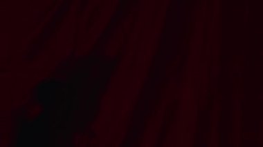 Koyu kırmızı ve siyah renkleri olan koyu, soyut bir resim, muhtemelen gölgeleri ya da kumaşlarla kıvrımları tasvir ediyor..