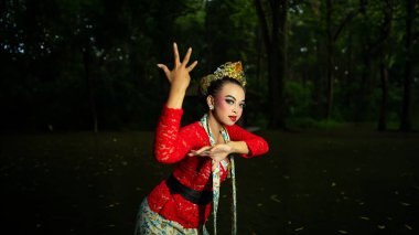 Kırmızı bir kostüm giyen bir Balili dansçı, öğleden sonra ormanda yapılan dansın güzelliğiyle seyirciler için görsel bir cazibe haline gelir.