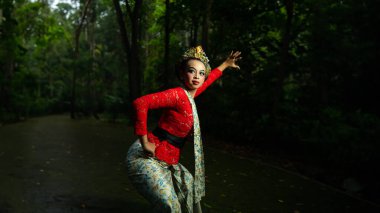 Endonezyalı geleneksel dansçılar, sabah ormandayken çok görkemli olan altın taçlı kırmızı kostümler giyerler.