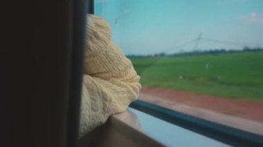 Yumuşak, desenli bir kumaşın yakın plan görüntüsü bir tren penceresinde duruyor, dışarıda yemyeşil alanlar görünüyor. Sahne bir seyahat ve sükunet hissi yakalıyor..