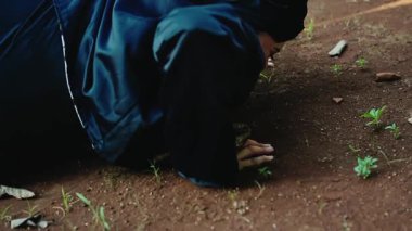 Koyu renk kıyafetli bir insan yere yakın çömelmiş topraktan filizlenen küçük yeşil bitkileri inceliyor. Ortalık doğal ve toprak gibi, etrafa saçılmış taşlar..