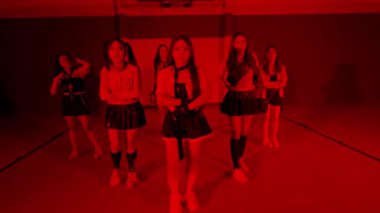 Bir spor salonunda dans gösterisi yapan altı genç kadından oluşan bir grup. Işıklandırma ağırlıklı olarak kırmızıdır, dramatik bir atmosfer yaratır. Şık kıyafetler giyiyorlar, sportif ve modaya uygun elementlerin bir karışımını sergiliyorlar.