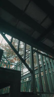 Ağaçlarla çevrili yeşil parmaklıklı bir merdivenin alçak açılı görüntüsü. Sahne, yapının geometrik çizgilerini ve yukarıdaki doğal elementleri yakalıyor ve insan yapımı ile doğa arasında bir kontrast oluşturuyor..