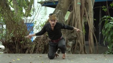 Geleneksel giyinmiş bir dövüş sanatçısı ağaçlar ve yeşilliklerle çevrili doğal bir doğa ortamında bir duruş sergiler..