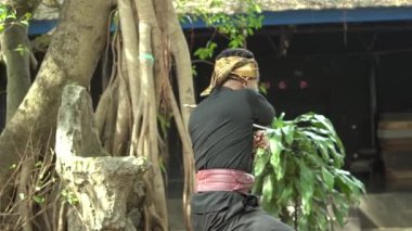 Geleneksel kıyafetli bir dövüş sanatçısı dinamik bir pozu doğal bir ortamda, yetenek ve odaklanma göstererek verir. Arkaplanda yemyeşil ve ağaçlar var..